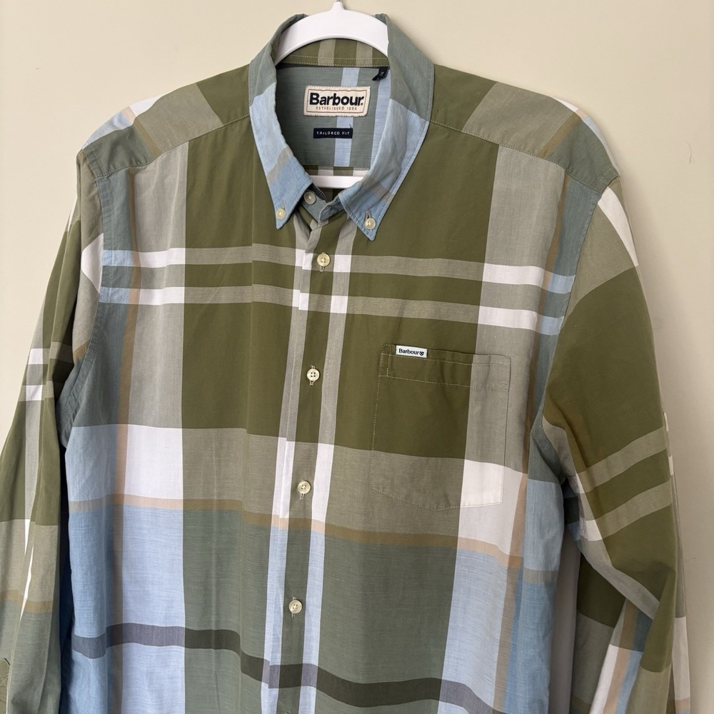 Barbour Tailored Fit Button Down Shirt Mens L Green Gray Navy Plaid Long Sleeve